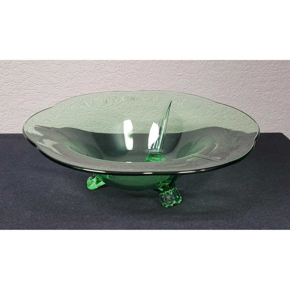 Vintage Fostoria Fairfax 3-toed Green Glass Bowl - VTG 1930s - Uranium Glass